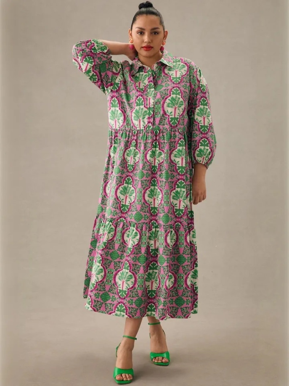 Botanical Pink & Green Printed Dress